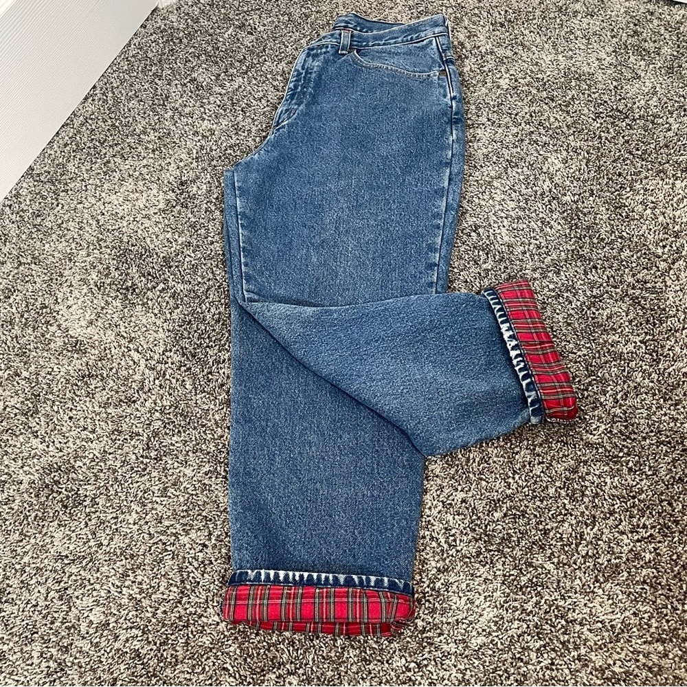 L.L. Bean Blue Straight Leg Jeans with Red Plaid Cuffs